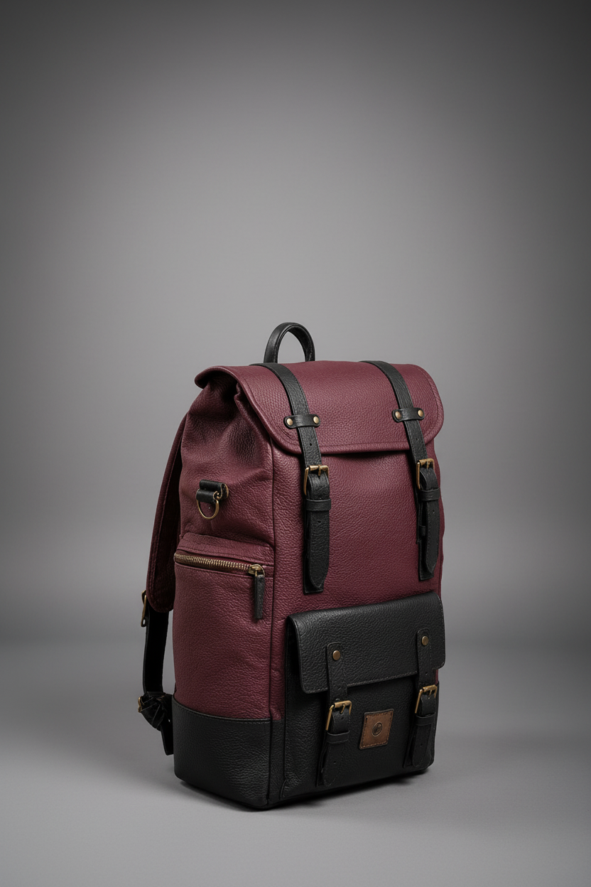 Burgundy and black handcrafted leather backpack three quarter view | The Leather Factory