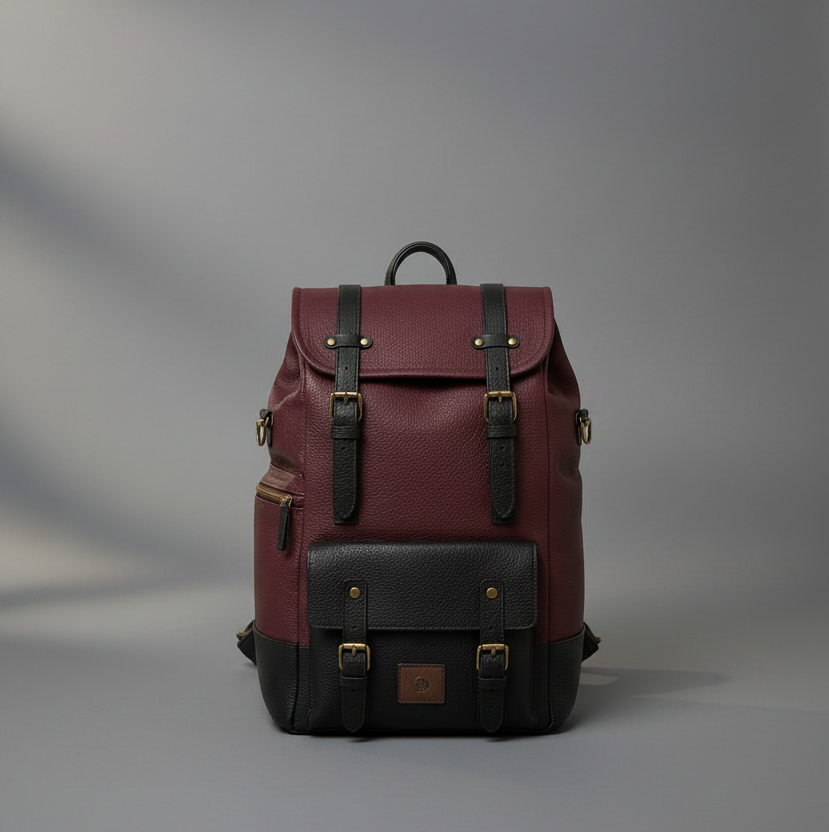 Burgundy and black handcrafted leather backpack front view | The Leather Factory