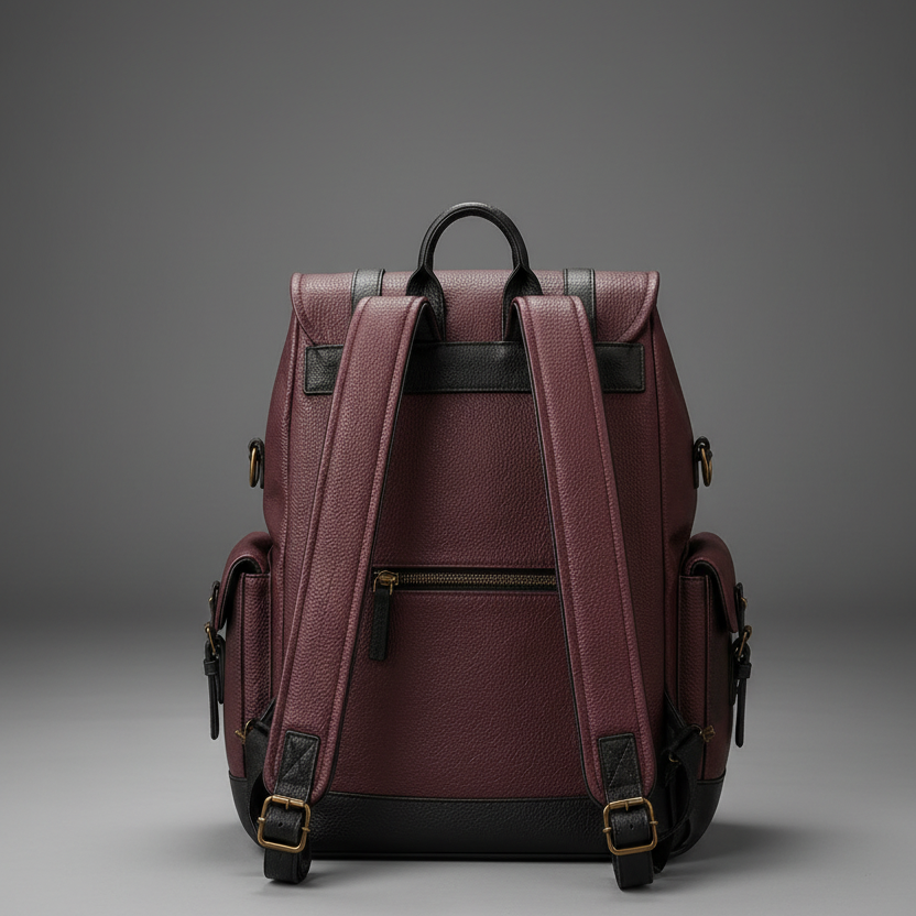 Burgundy and black handcrafted leather backpack front view | The Leather Factory