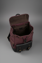 Burgundy and black handcrafted leather backpack interior view | The Leather Factory