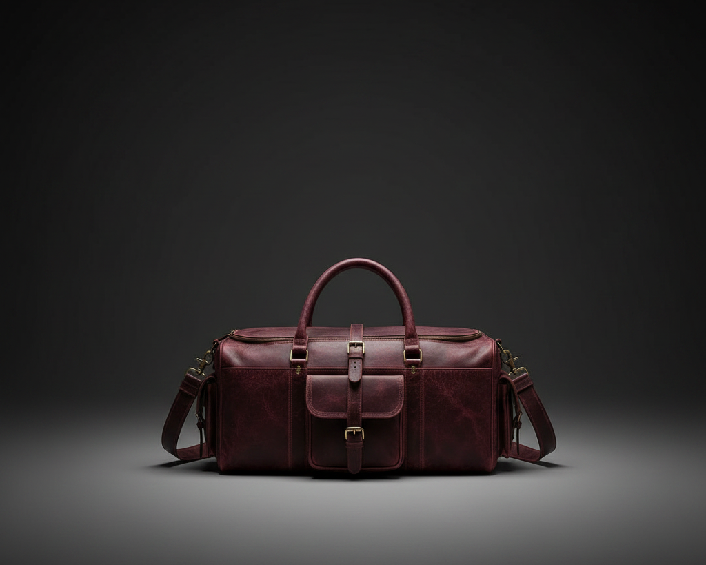 Burgundy vintage crackle leather travel duffel bag front view | The Leather Factory