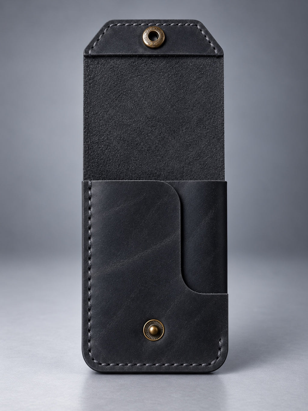 Back view of black compact leather snap pocket wallet