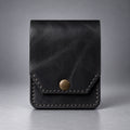 Black compact leather snap pocket wallet front view with stitched flap