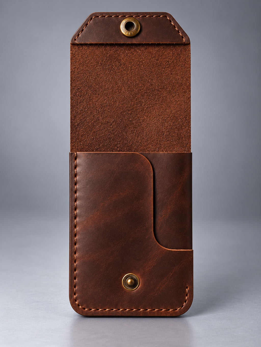Back view of dark brown compact leather snap pocket wallet