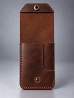 Back view of dark brown compact leather snap pocket wallet