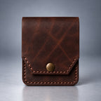 Dark brown compact leather snap pocket wallet front view