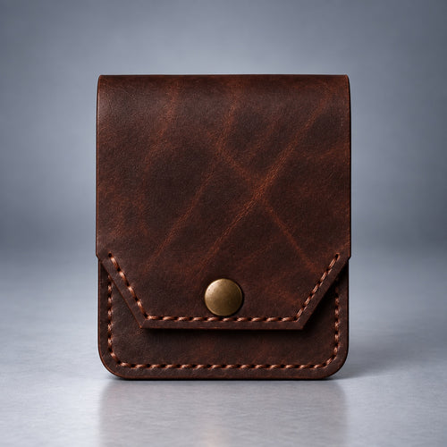 Dark brown compact leather snap pocket wallet front view