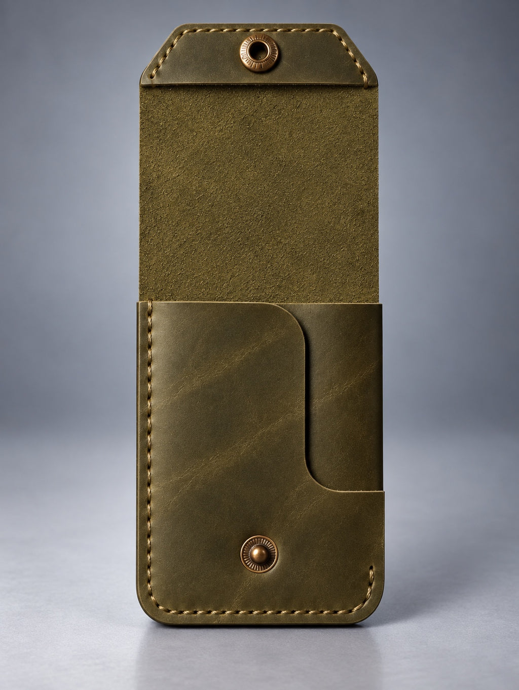 Back view of olive green compact leather snap pocket wallet
