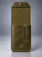Back view of olive green compact leather snap pocket wallet