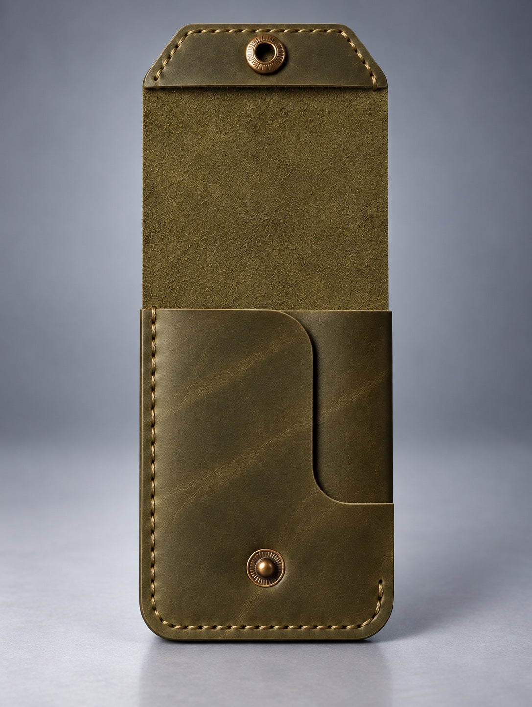 Back view of olive green compact leather snap pocket wallet