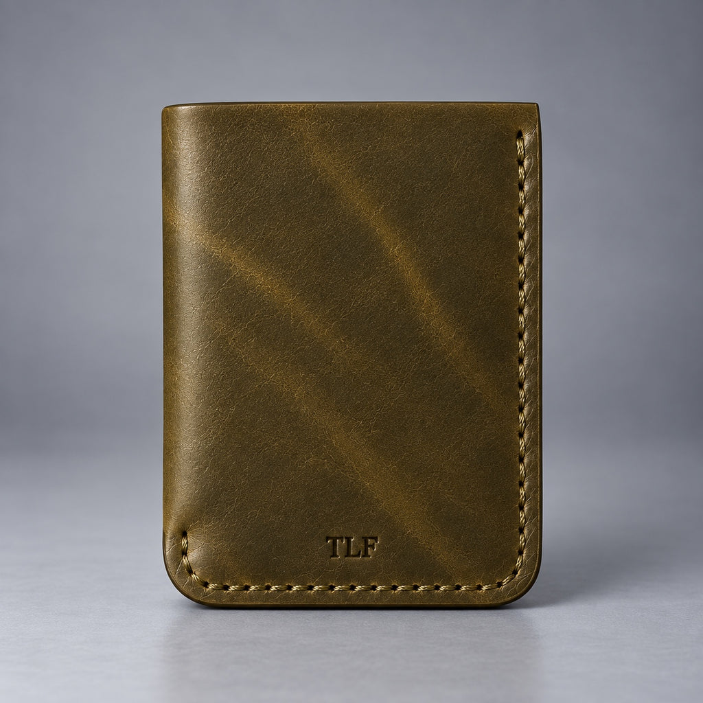 Back view of olive green leather pocket wallet with TLF mark