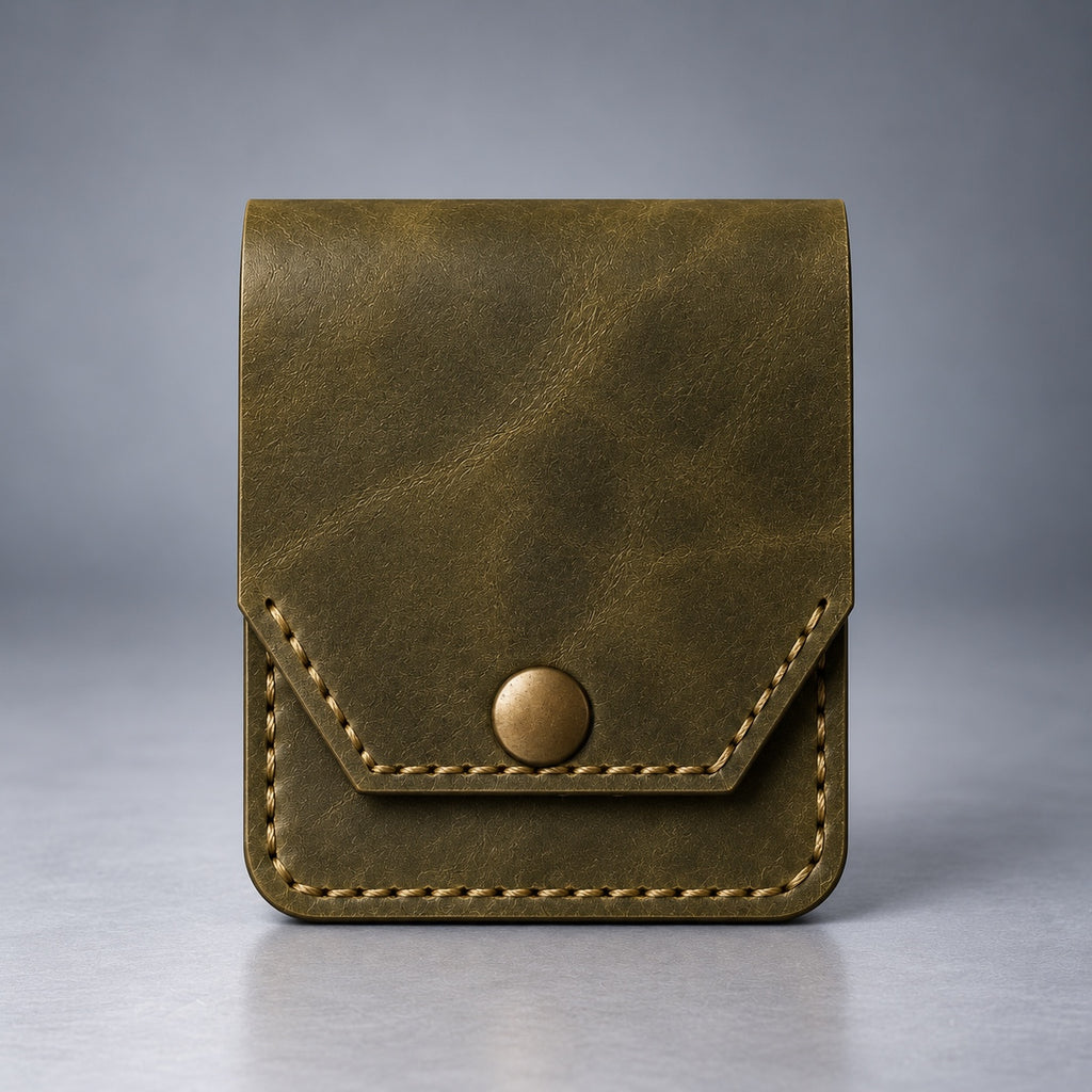 Olive green compact leather snap pocket wallet front view