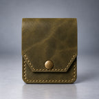 Olive green compact leather snap pocket wallet front view