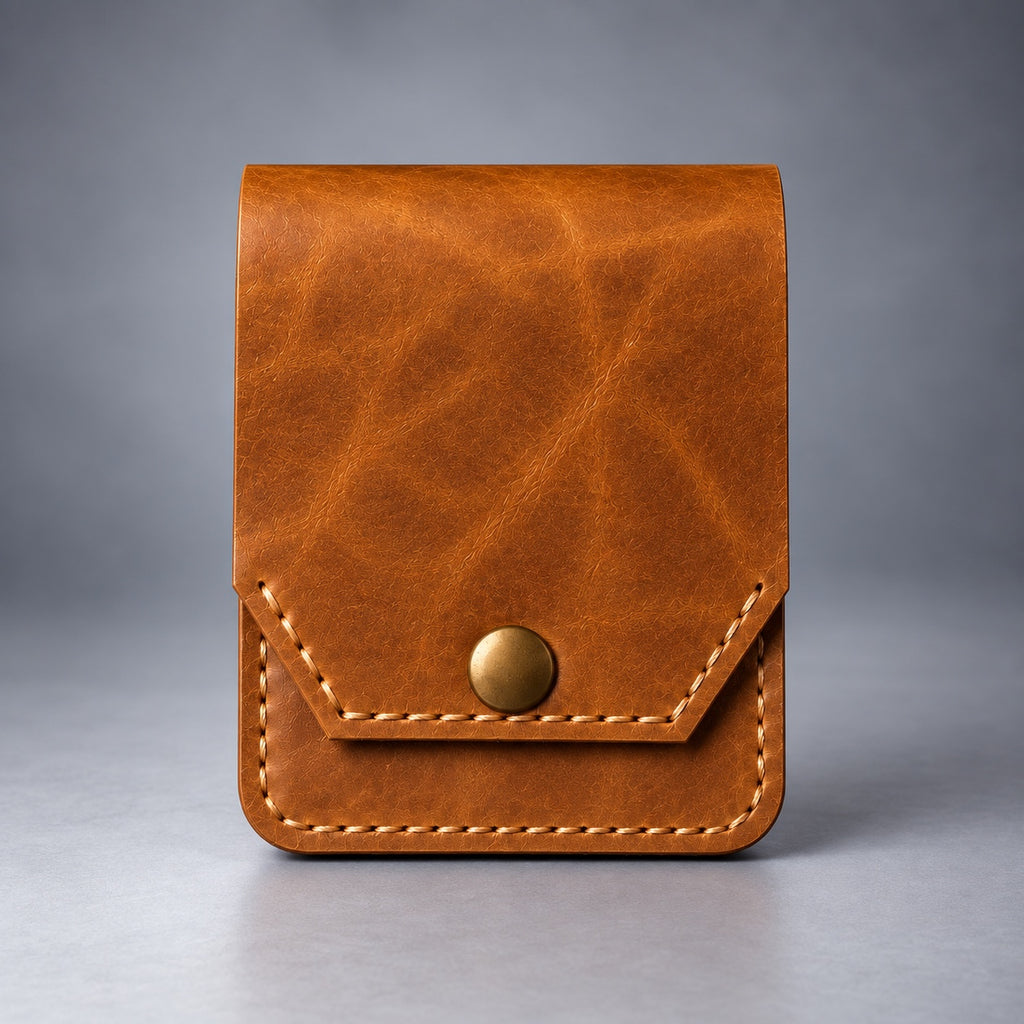 Tan compact leather snap pocket wallet front view