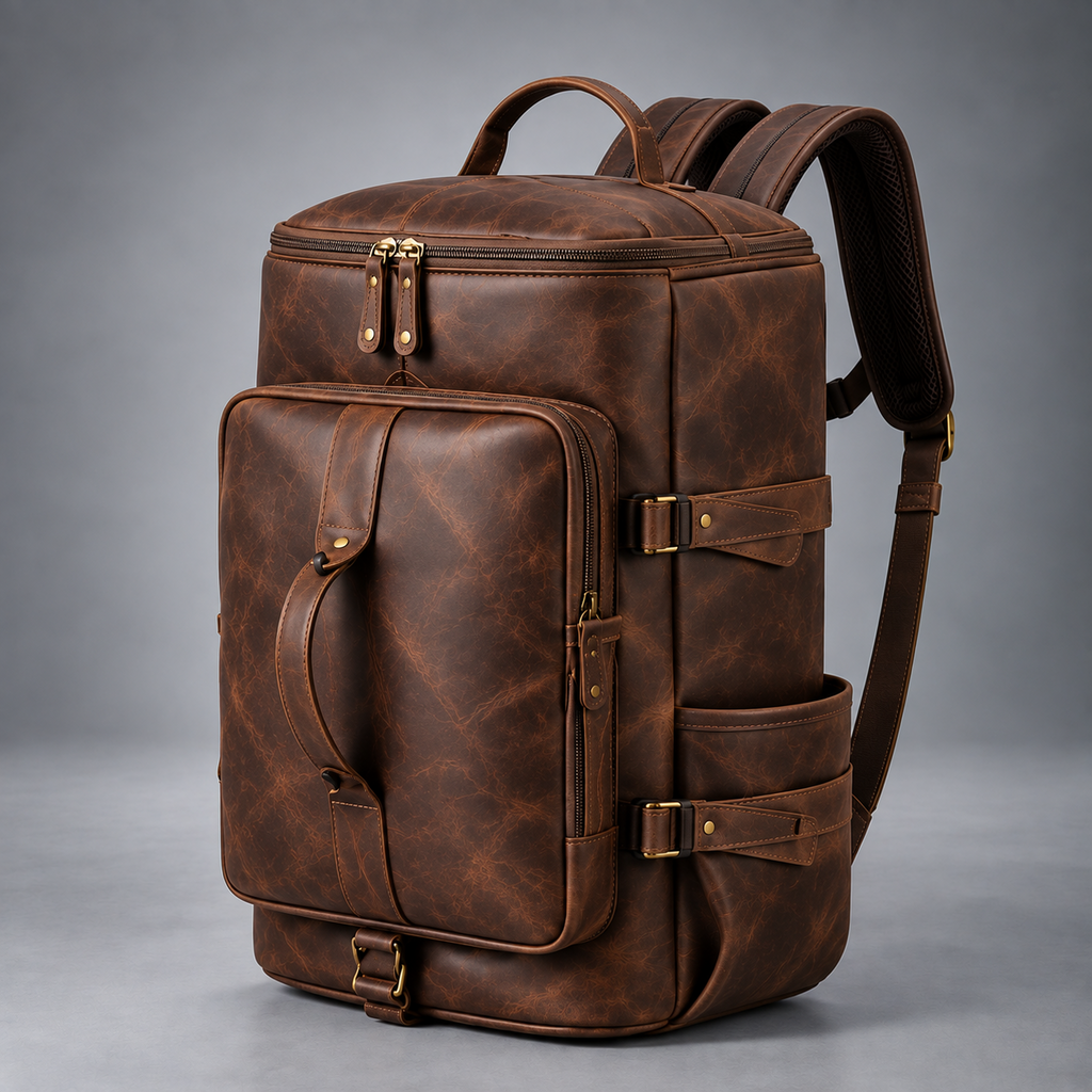 Dark brown convertible leather backpack duffle bag angled front view
