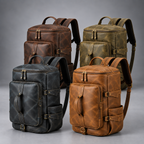 Convertible leather backpack duffle bag in midnight blue, tan, dark brown and olive green