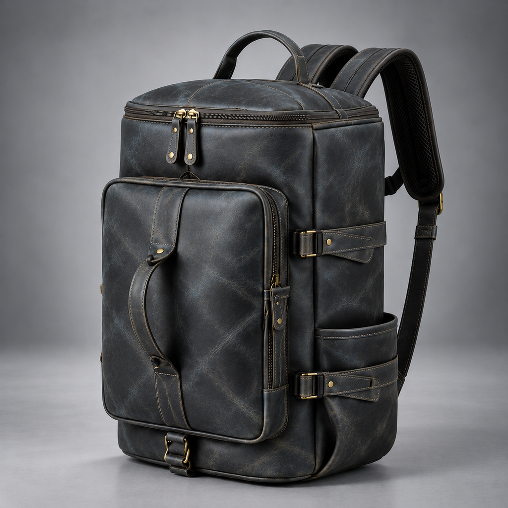 Midnight blue leather backpack duffle bag angled view with front and side pockets