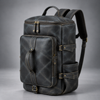 Midnight blue leather backpack duffle bag angled view with front and side pockets
