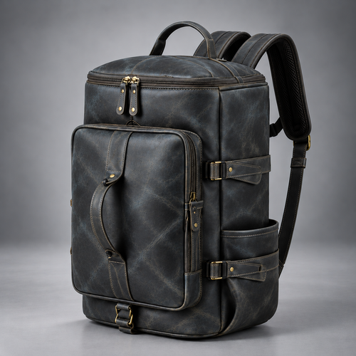 Midnight blue leather backpack duffle bag angled view with front and side pockets