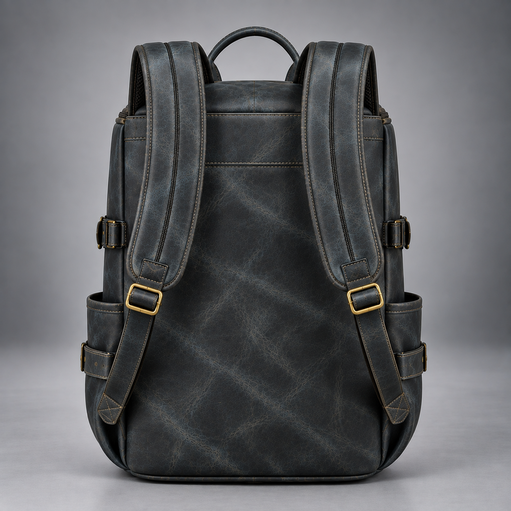 Back view of midnight blue leather duffle backpack with padded adjustable straps