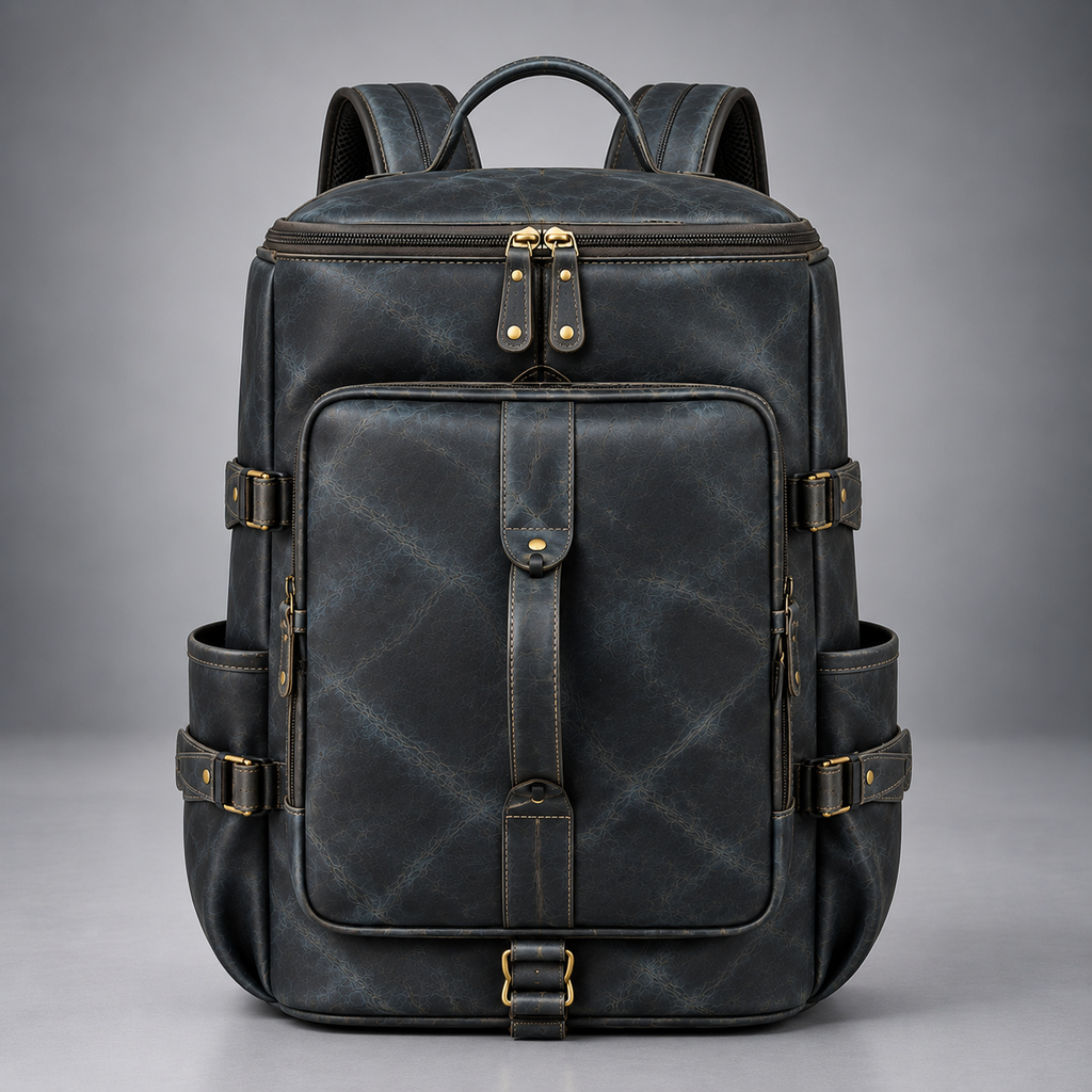 Midnight blue convertible leather backpack duffle bag front view