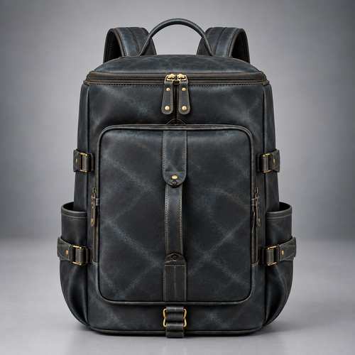 Midnight blue convertible leather backpack duffle bag front view