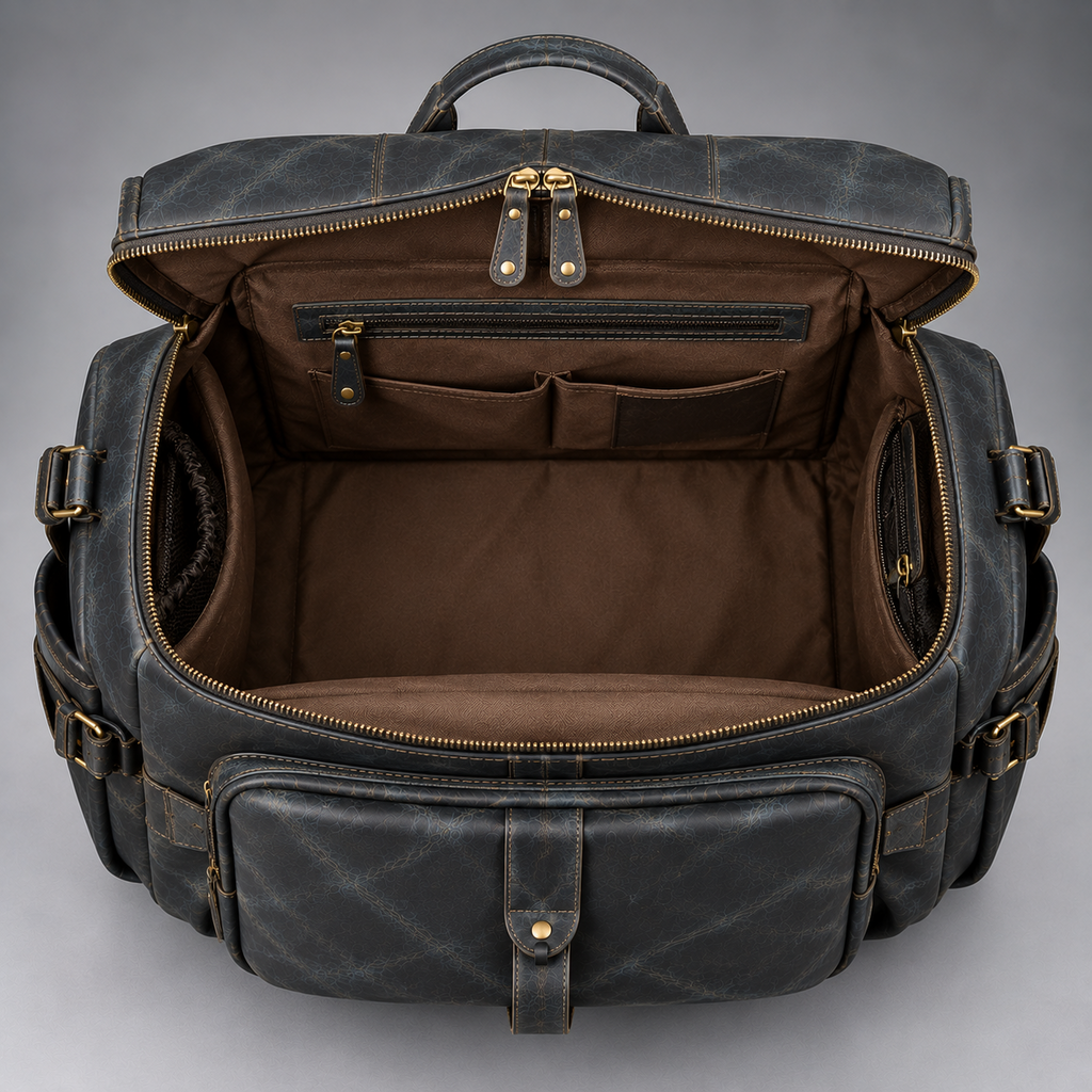 Open midnight blue leather backpack duffle showing spacious interior and organiser pockets