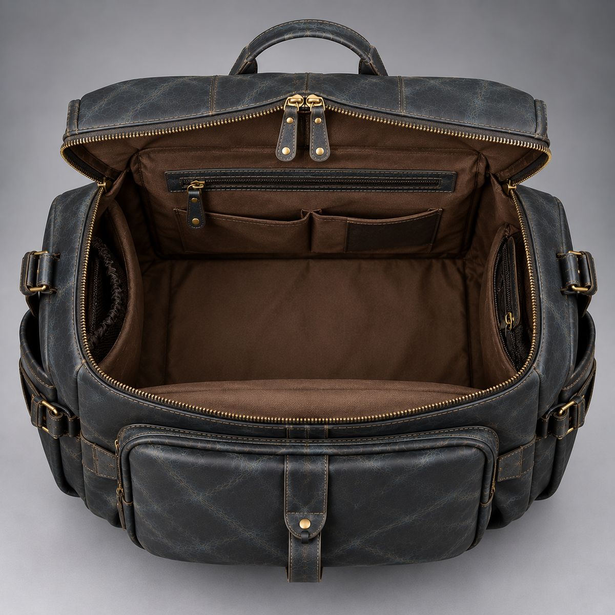 Open midnight blue leather backpack duffle showing spacious interior and organiser pockets