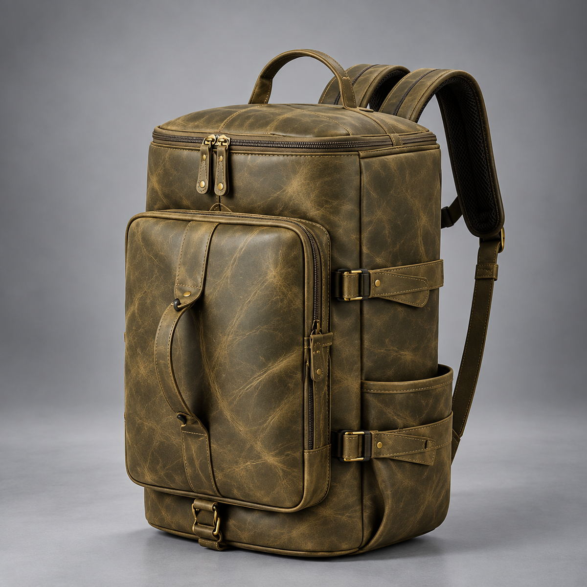 Olive green convertible leather backpack duffle bag with brass-tone hardware