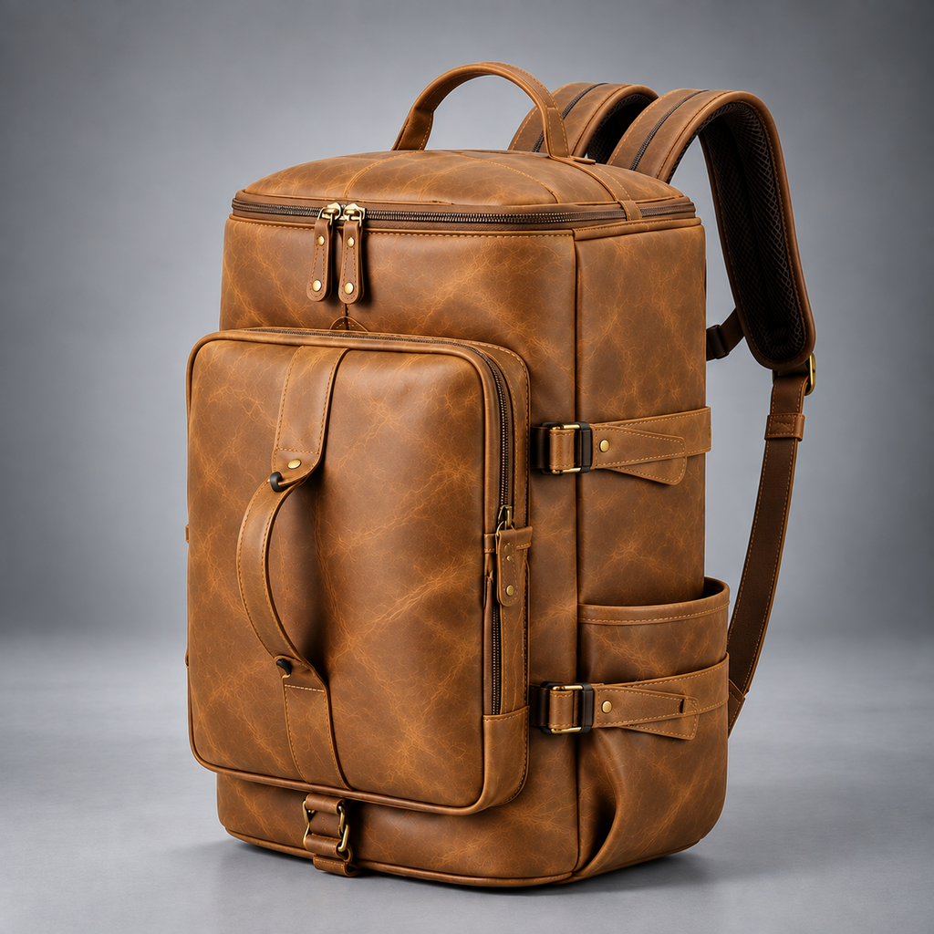 Tan convertible leather backpack duffle bag with grab handles and side pockets
