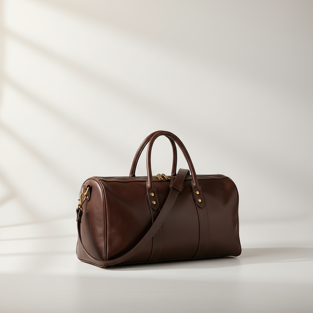 Black genuine leather duffle bag side view | The Leather Factory