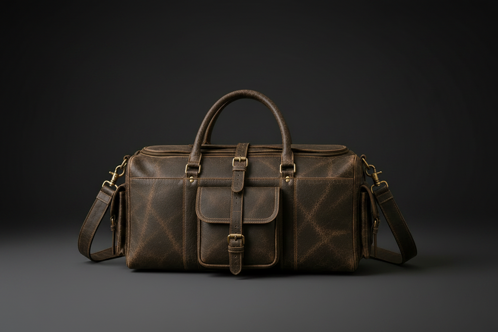 Espresso brown vintage crackle leather travel duffel bag front view | The Leather Factory