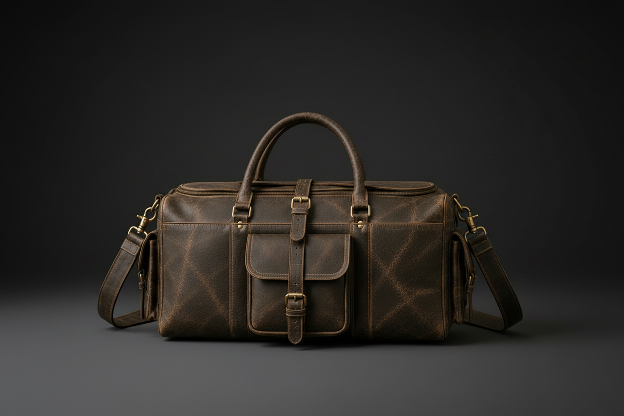 Espresso brown vintage crackle leather travel duffel bag front view | The Leather Factory