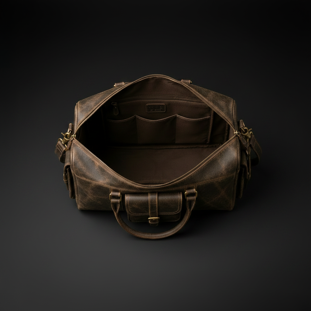 Espresso brown vintage crackle leather travel duffel bag interior | The Leather Factory