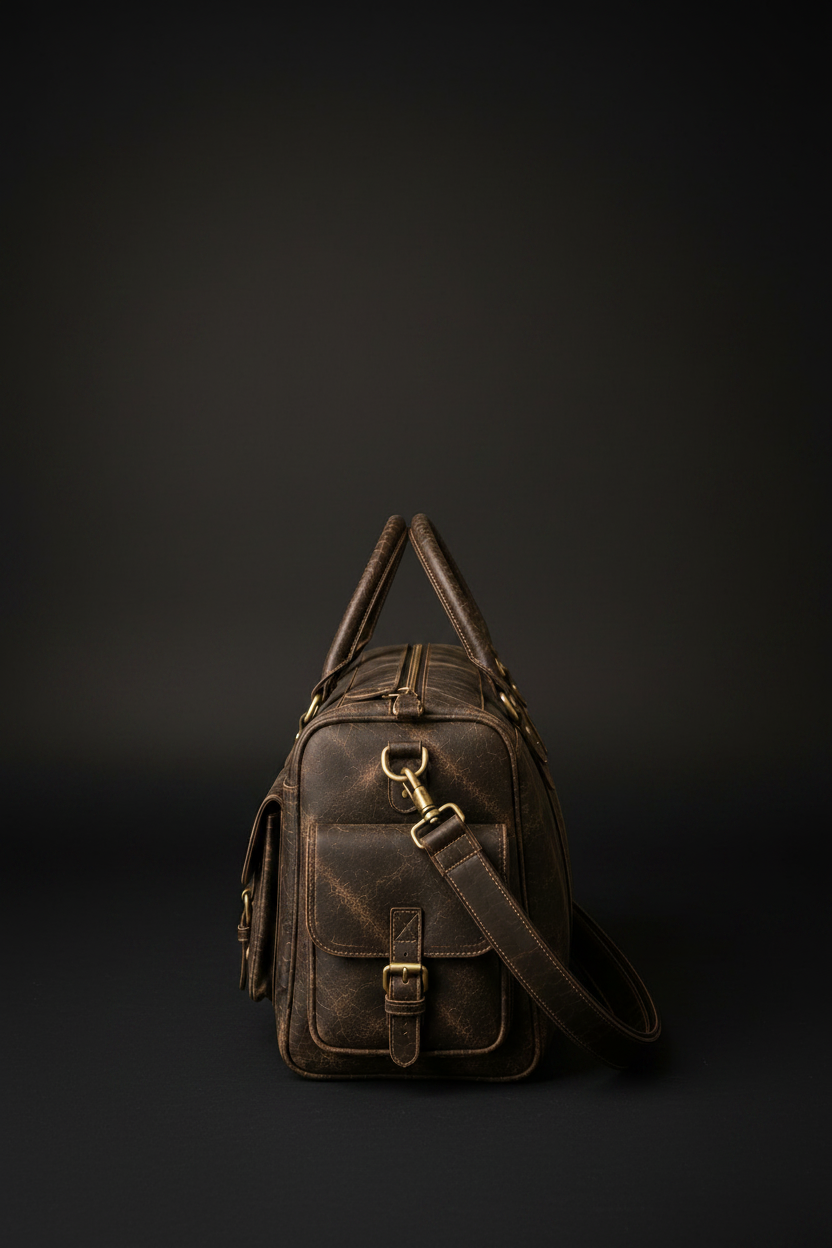 Espresso brown vintage crackle leather travel duffel bag side view | The Leather Factory
