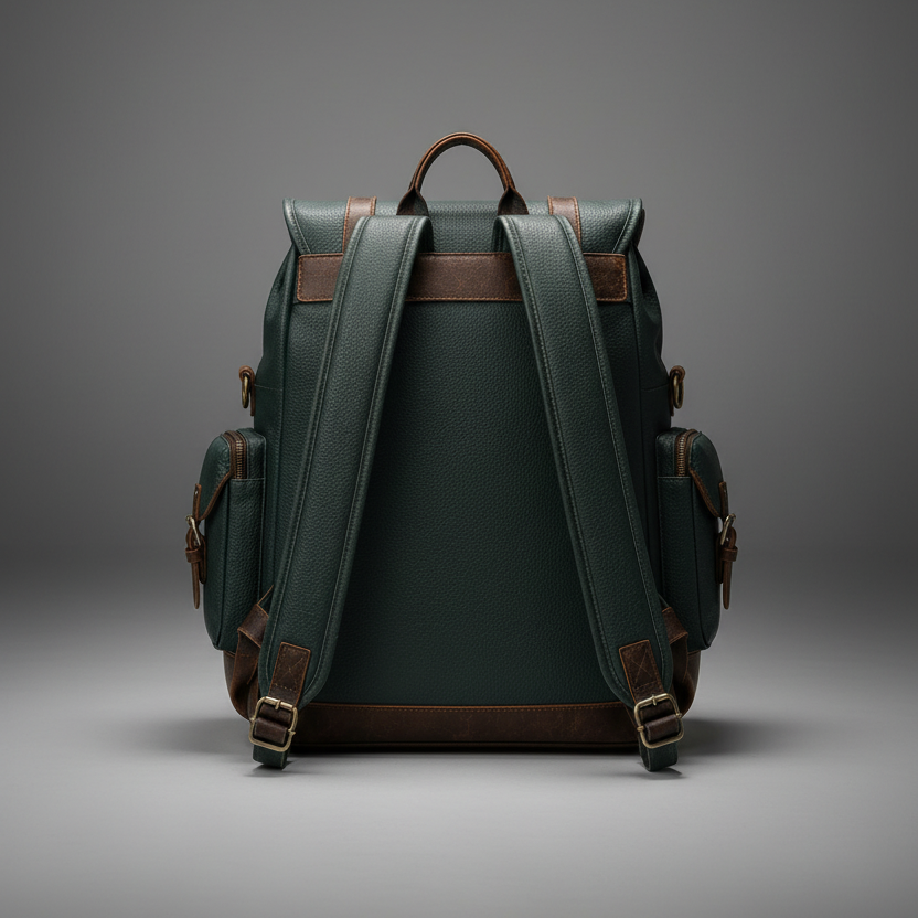 Green and brown handcrafted leather backpack back view | The Leather Factory