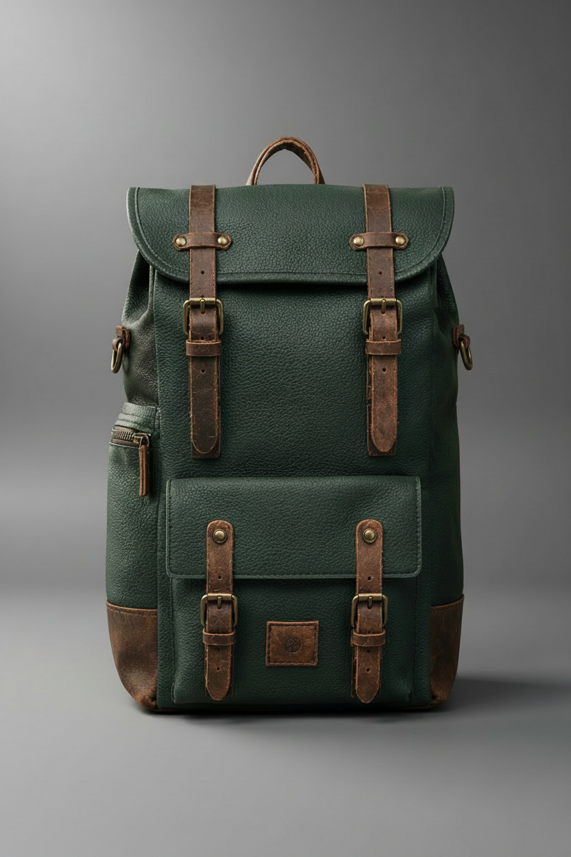 Green and brown handcrafted leather backpack front view | The Leather Factory