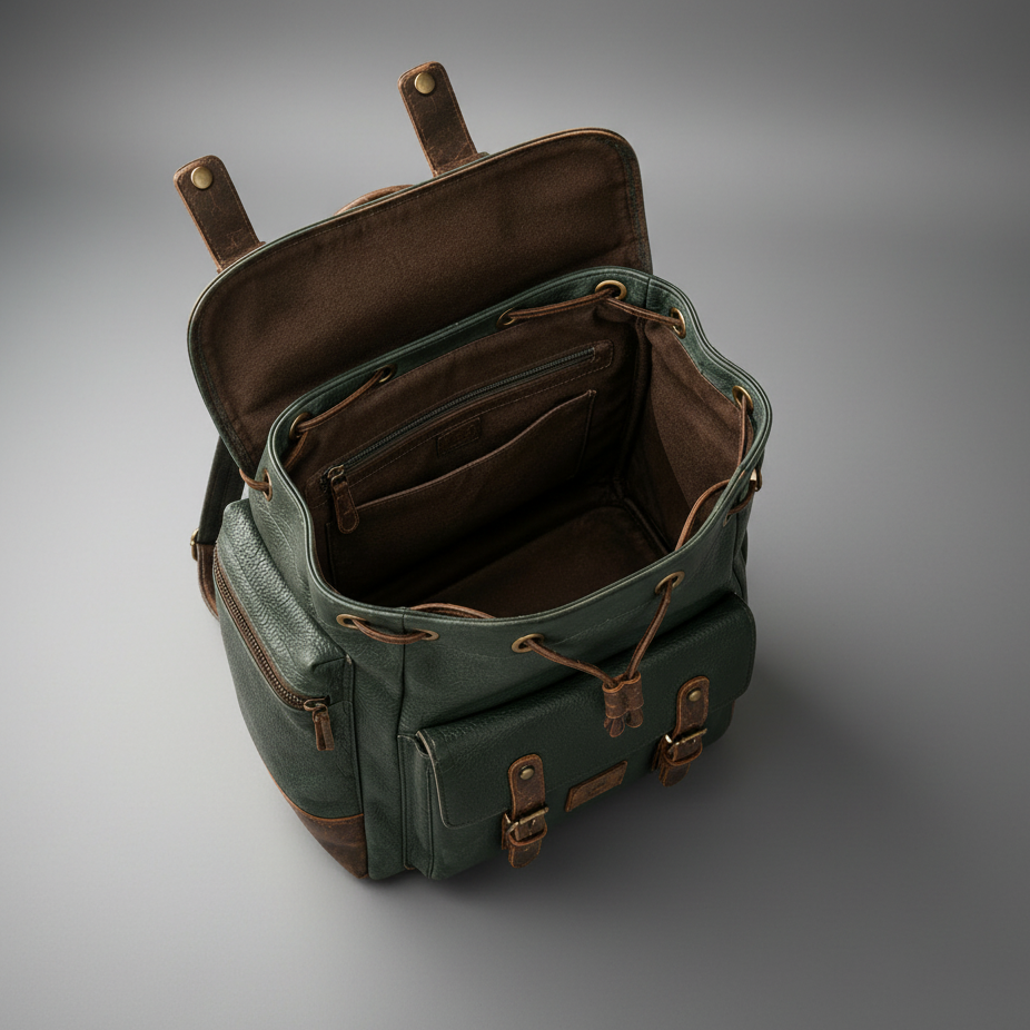 Green and brown handcrafted leather backpack interior view | The Leather Factory