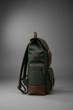 Green and brown handcrafted leather backpack side view | The Leather Factory