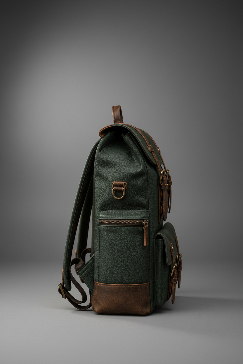 Green and brown handcrafted leather backpack side view | The Leather Factory