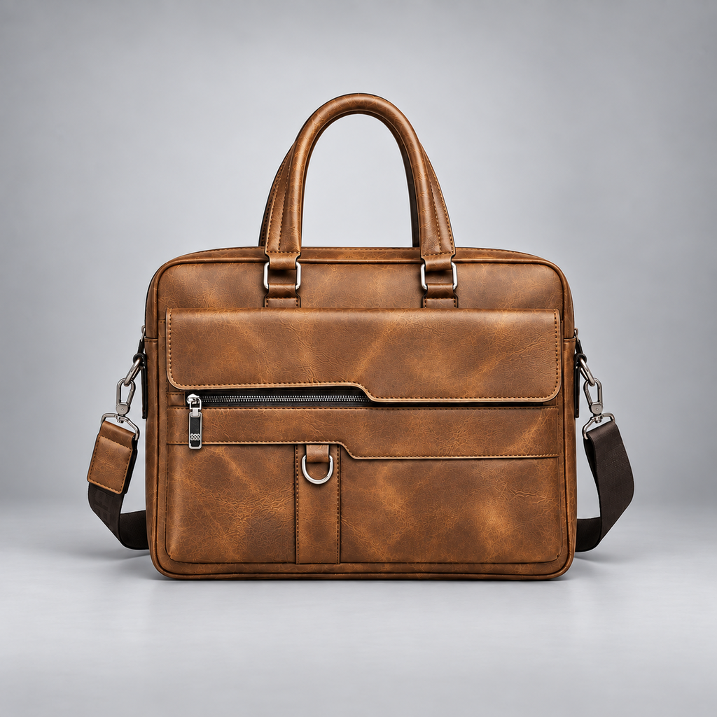 Cognac leather business briefcase front view | The Leather Factory