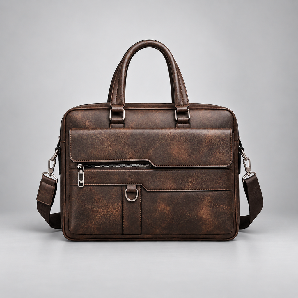 Dark brown leather business briefcase front view | The Leather Factory