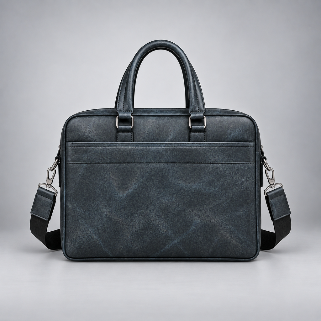 Navy blue leather business briefcase back view | The Leather Factory