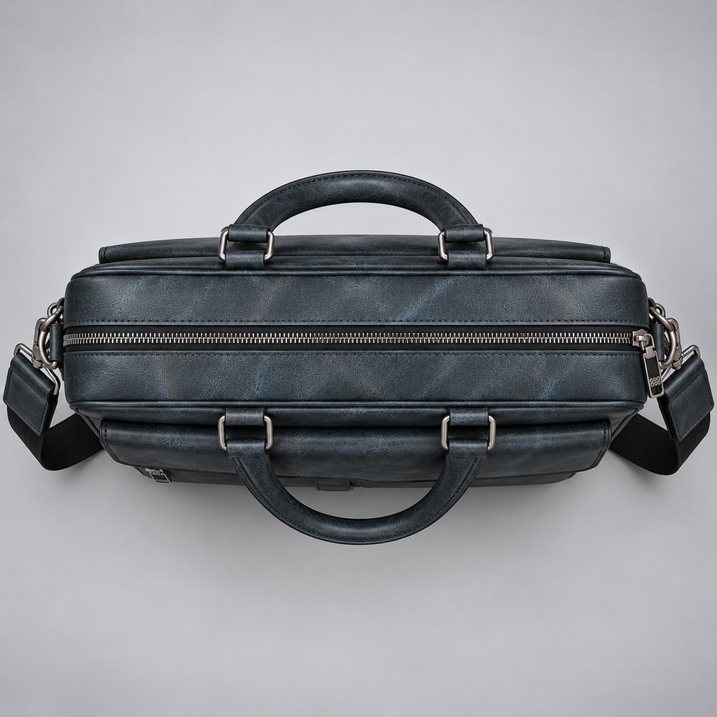 Navy blue leather business briefcase bottom and zipper detail | The Leather Factory