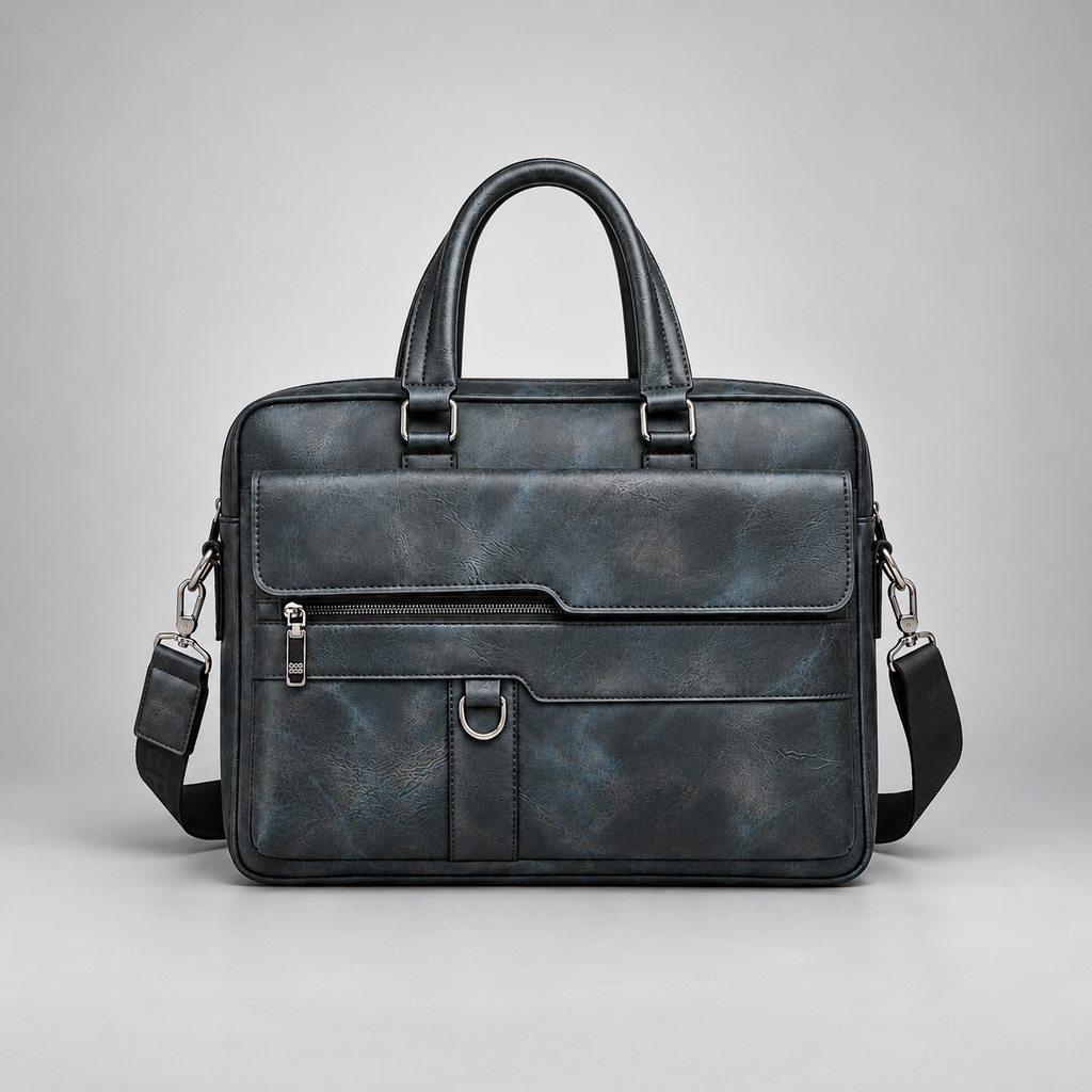 Navy blue leather business briefcase front view | The Leather Factory