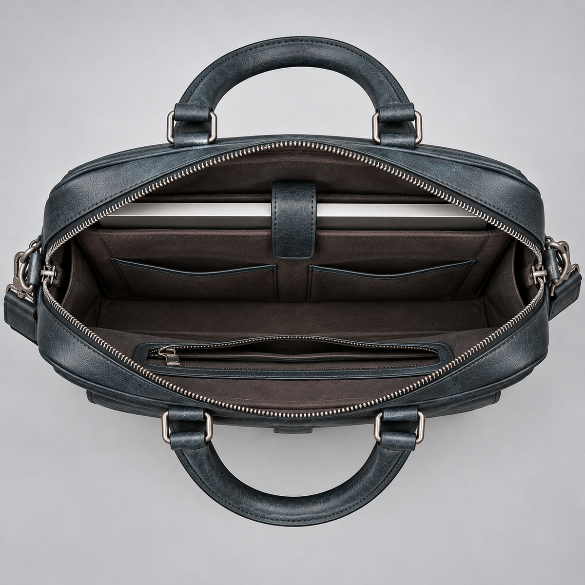 Navy blue leather business briefcase interior with laptop compartment | The Leather Factory