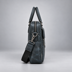 Navy blue leather business briefcase side profile | The Leather Factory