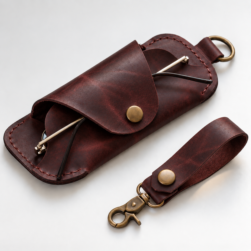 Burgundy leather eyeglasses holder with snap flap and matching keychain loop