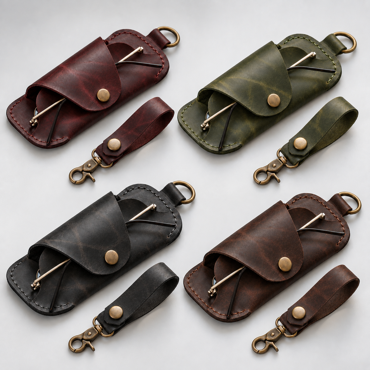 Leather eyeglasses holder and keychain loop set in burgundy, olive green, black and dark brown