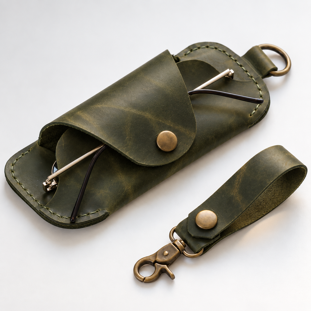 Olive green leather eyeglasses holder with snap flap and matching keychain loop